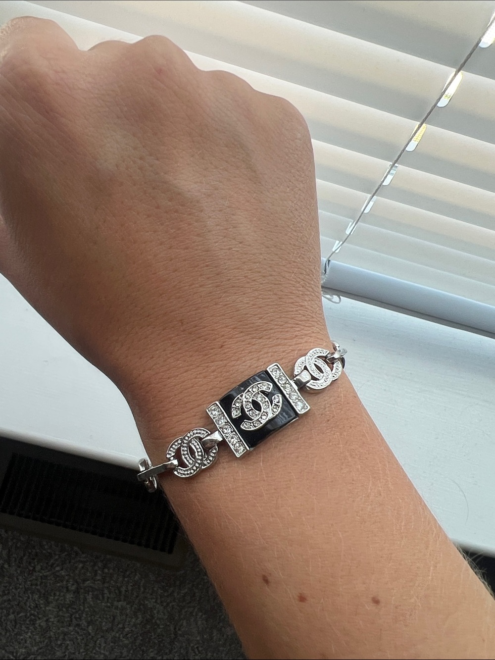 CHANEL Silver-Tone CC Link Bracelet with Center Logo Plaque